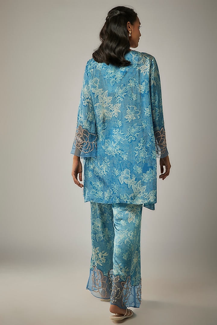 Blue Viscose Silk Printed & Sequin Embroidered Kurta Set by One not two at Pernia's Pop Up Shop