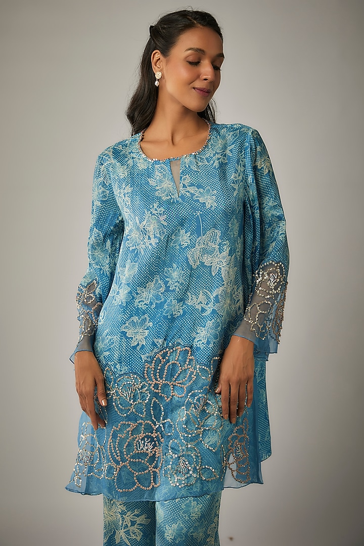 Blue Viscose Silk Printed & Sequin Embroidered Kurta Set by One not two at Pernia's Pop Up Shop