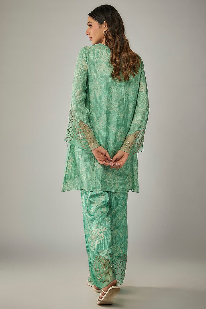 Green Viscose Silk Printed & Sequin Embroidered Kurta Set by One not two at Pernia's Pop Up Shop