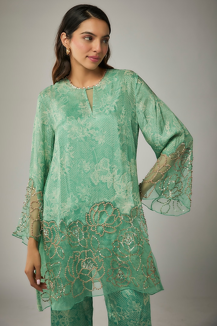 Green Viscose Silk Printed & Sequin Embroidered Kurta Set by One not two at Pernia's Pop Up Shop