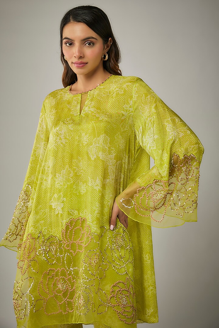 Lime Viscose Silk Printed & Sequin Embroidered Kurta Set by One not two at Pernia's Pop Up Shop