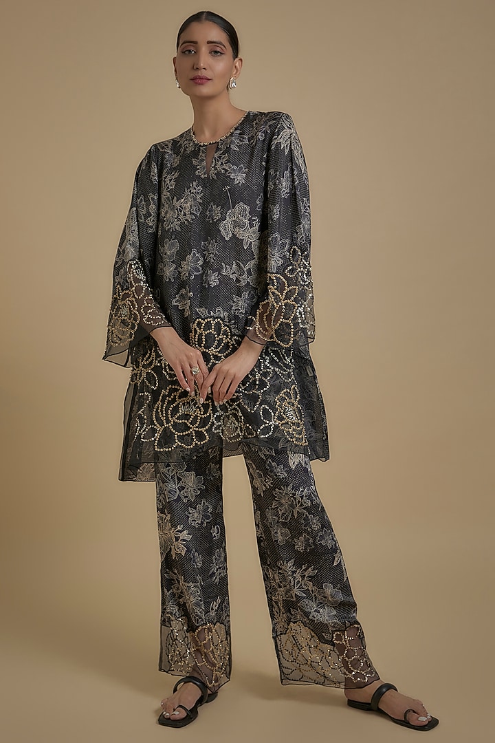 Black Silk Floral Printed & Embroidered Tunic Set by One not two at Pernia's Pop Up Shop