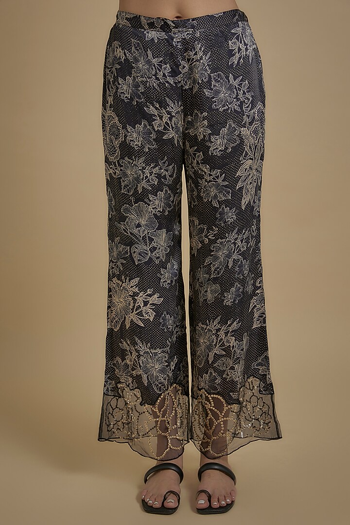Black Silk Floral Printed & Embroidered Tunic Set by One not two at Pernia's Pop Up Shop