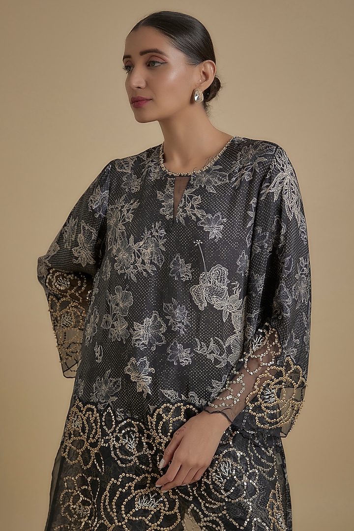 Black Silk Floral Printed & Embroidered Tunic Set by One not two at Pernia's Pop Up Shop
