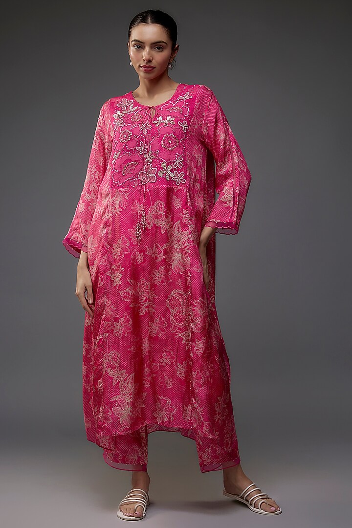Pink Viscose Silk Polka Printed & Floral Embroidered Kurta Set by One not two at Pernia's Pop Up Shop