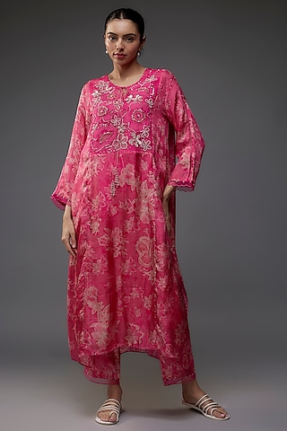Pink Viscose Silk Polka Printed & Floral Embroidered Kurta Set by One not two