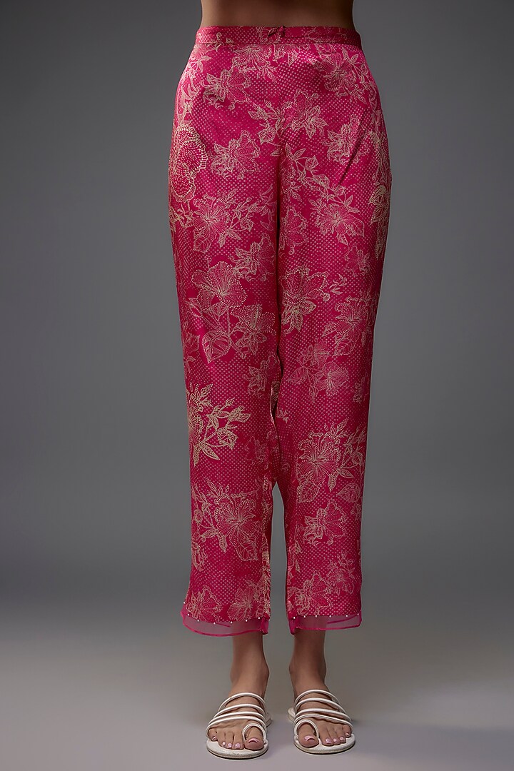 Pink Viscose Silk Polka Printed & Floral Embroidered Kurta Set by One not two at Pernia's Pop Up Shop