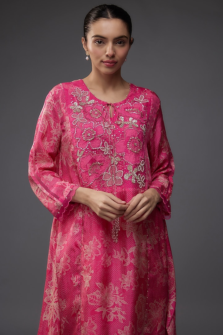 Pink Viscose Silk Polka Printed & Floral Embroidered Kurta Set by One not two at Pernia's Pop Up Shop