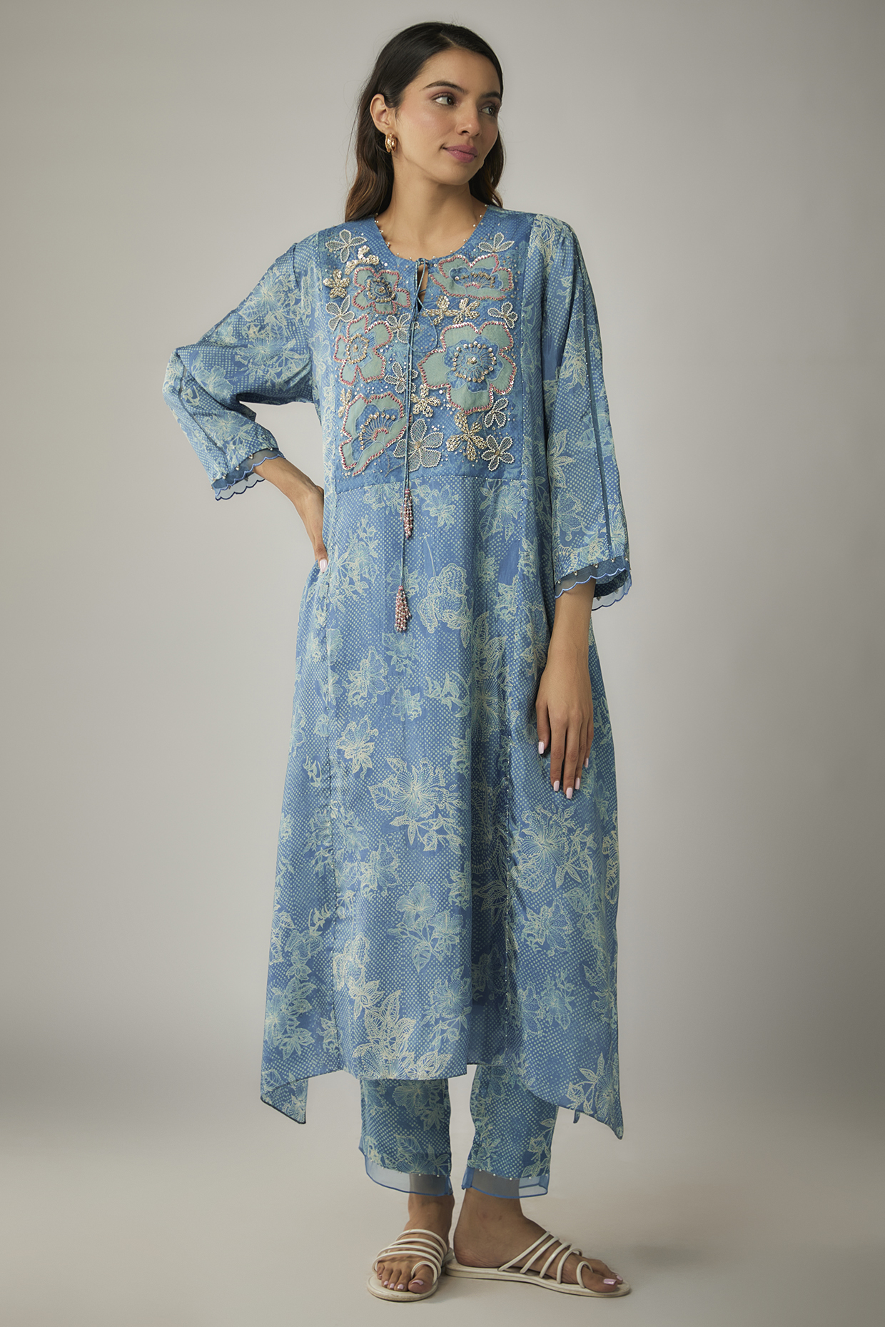 Blue Viscose Silk Printed & Sequin Embroidered Kurta Set by One not two at Pernia's Pop Up Shop
