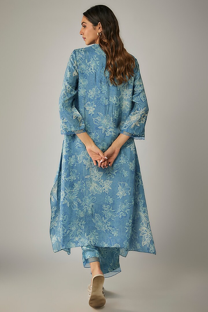 Blue Viscose Silk Printed & Sequin Embroidered Kurta Set by One not two at Pernia's Pop Up Shop