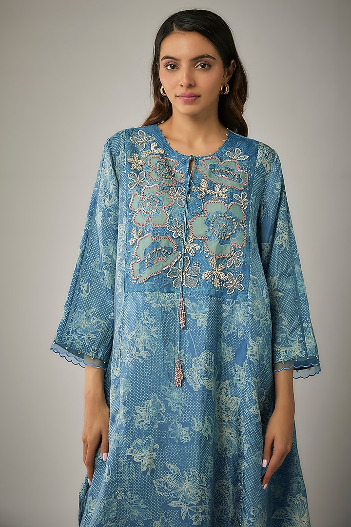 Blue Viscose Silk Printed & Sequin Embroidered Kurta Set by One not two at Pernia's Pop Up Shop