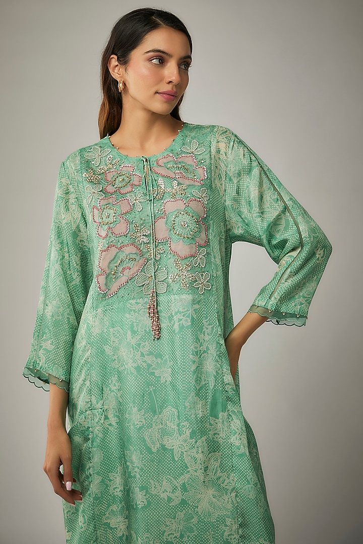 Green Viscose Silk Printed & Sequin Embroidered Kurta Set by One not two at Pernia's Pop Up Shop
