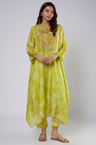 Lime Silk Polka Printed & Embroidered Kurta Set by One not two