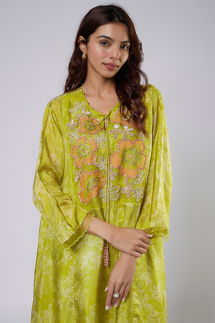 Lime Silk Polka Printed & Embroidered Kurta Set by One not two at Pernia's Pop Up Shop