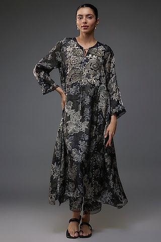 Black Viscose Silk Polka Printed & Floral Embroidered Kurta Set by One not two