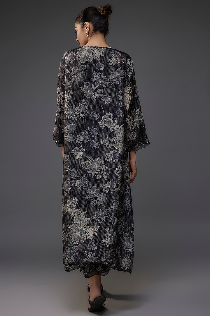 Black Viscose Silk Polka Printed & Floral Embroidered Kurta Set by One not two at Pernia's Pop Up Shop