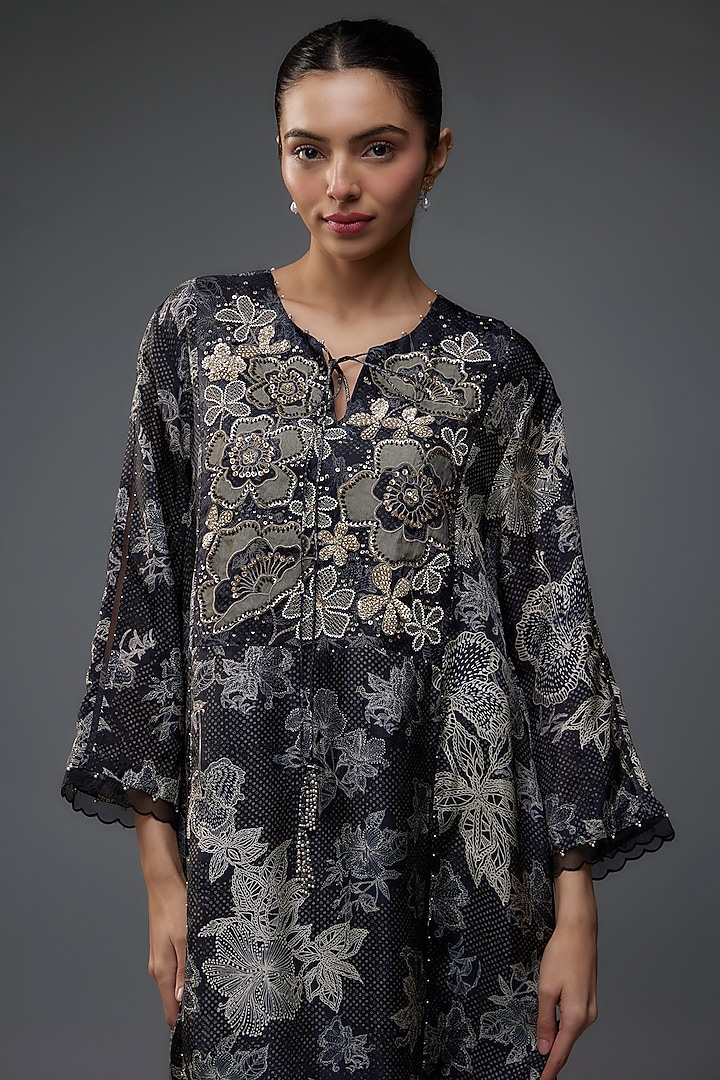 Black Viscose Silk Polka Printed & Floral Embroidered Kurta Set by One not two at Pernia's Pop Up Shop