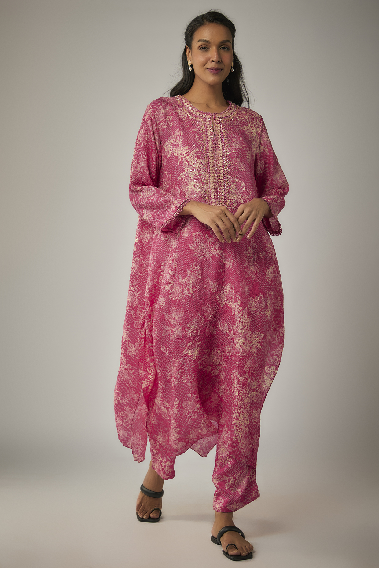 Pink Viscose Silk Printed & Sequin Embroidered Kurta Set by One not two at Pernia's Pop Up Shop
