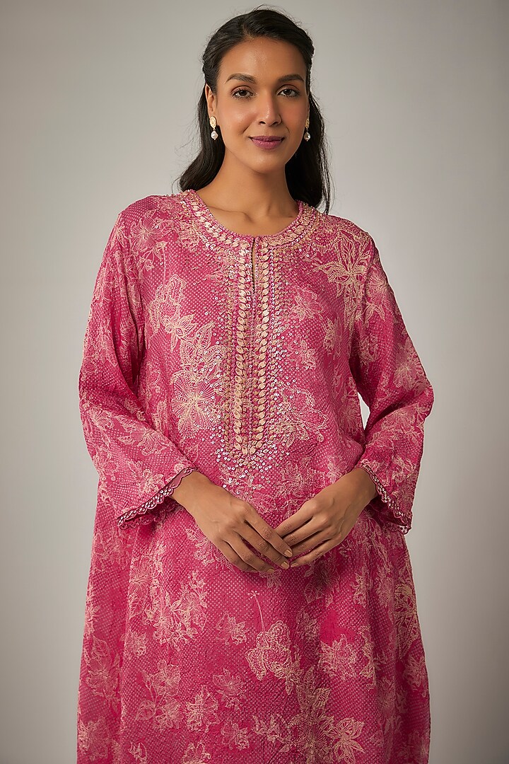 Pink Viscose Silk Printed & Sequin Embroidered Kurta Set by One not two at Pernia's Pop Up Shop