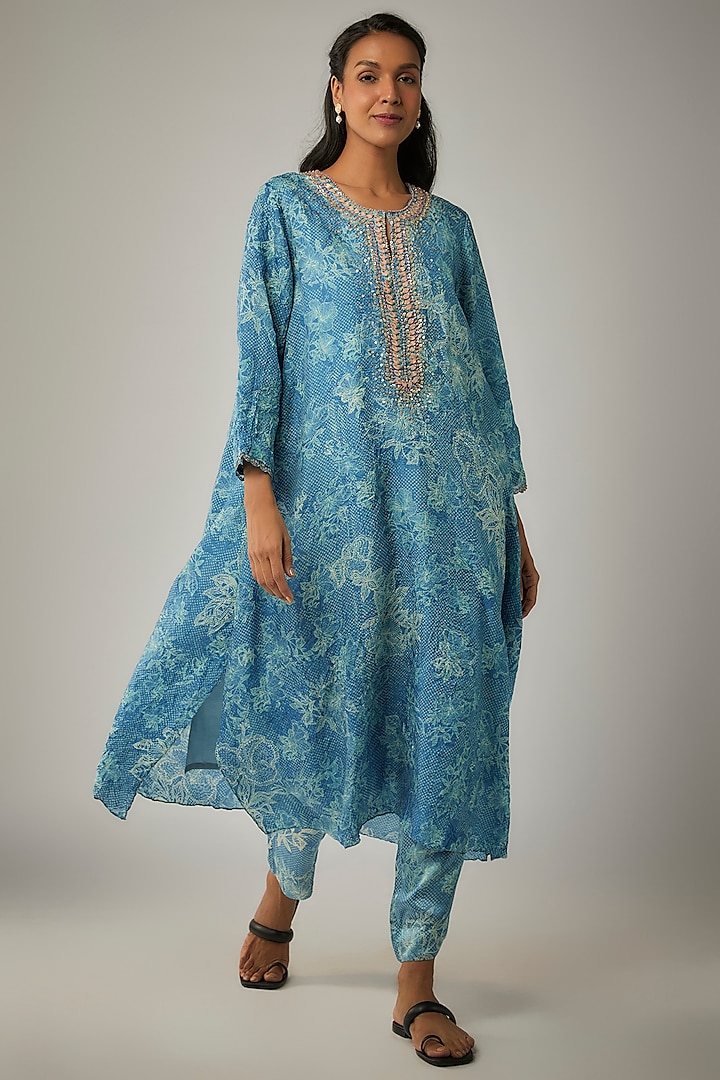 Blue Crushed Silk Printed & Sequin Embroidered Kurta Set by One not two at Pernia's Pop Up Shop
