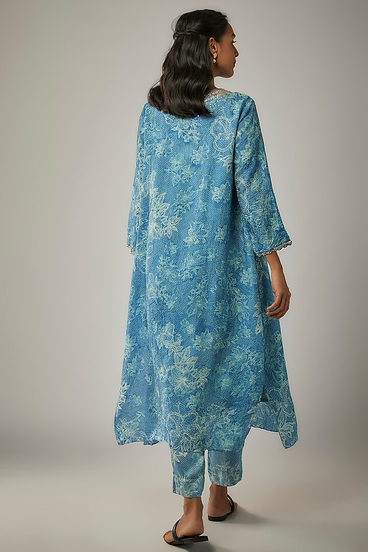 Blue Crushed Silk Printed & Sequin Embroidered Kurta Set by One not two at Pernia's Pop Up Shop