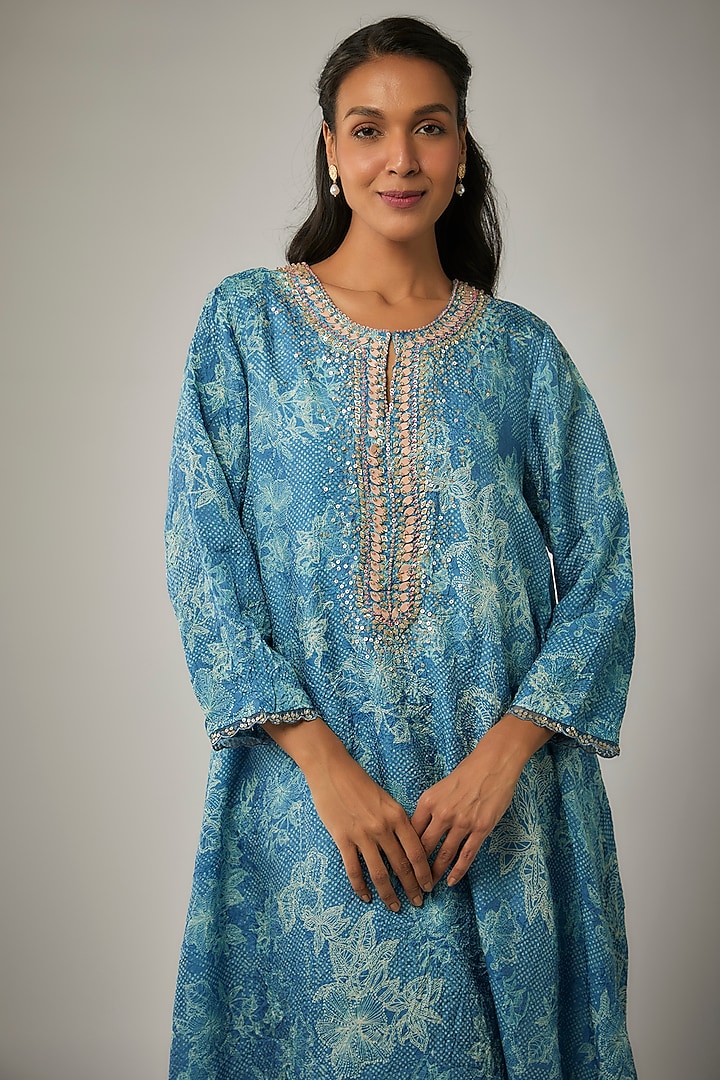 Blue Crushed Silk Printed & Sequin Embroidered Kurta Set by One not two at Pernia's Pop Up Shop