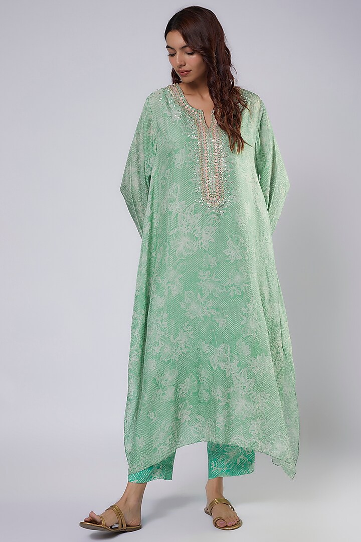 Green Silk Polka Printed & Embroidered Kurta Set by One not two