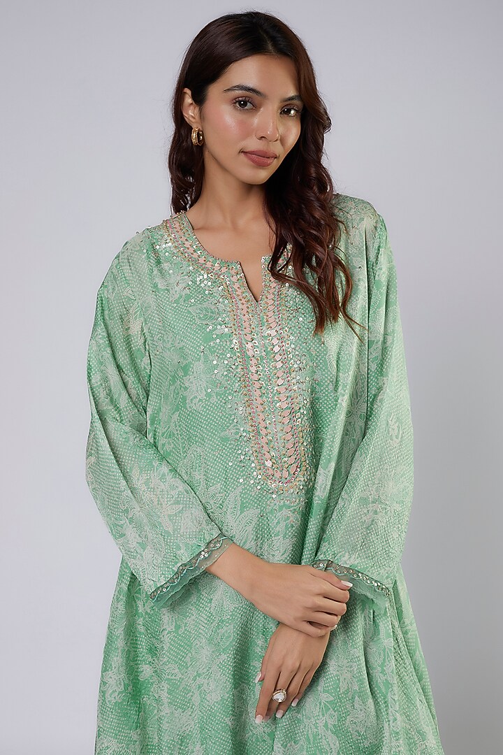 Green Silk Polka Printed & Embroidered Kurta Set by One not two at Pernia's Pop Up Shop