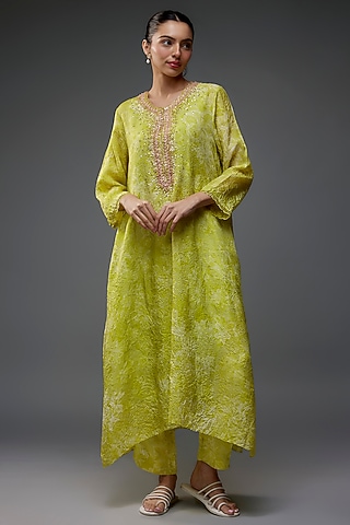 Lime Viscose Silk Polka Printed & Sequins Embroidered Kurta Set by One not two