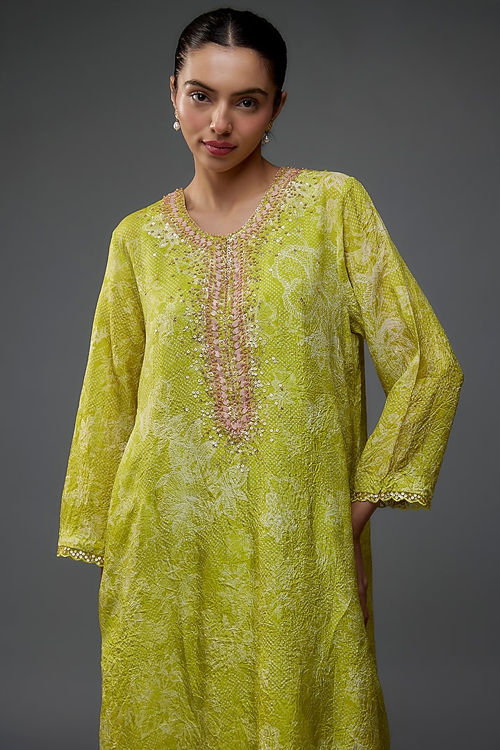 Lime Viscose Silk Polka Printed & Sequins Embroidered Kurta Set by One not two at Pernia's Pop Up Shop