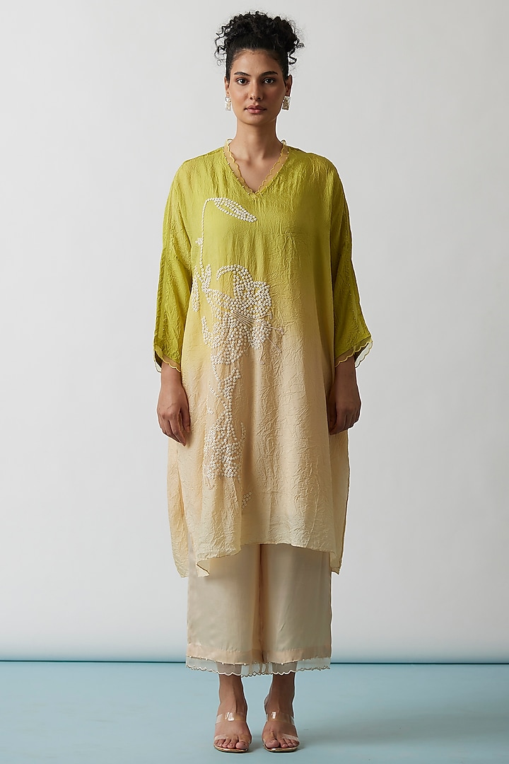 Citrus Yellow Ombre Viscose Silk Embroidered Kaftan Set by One not two