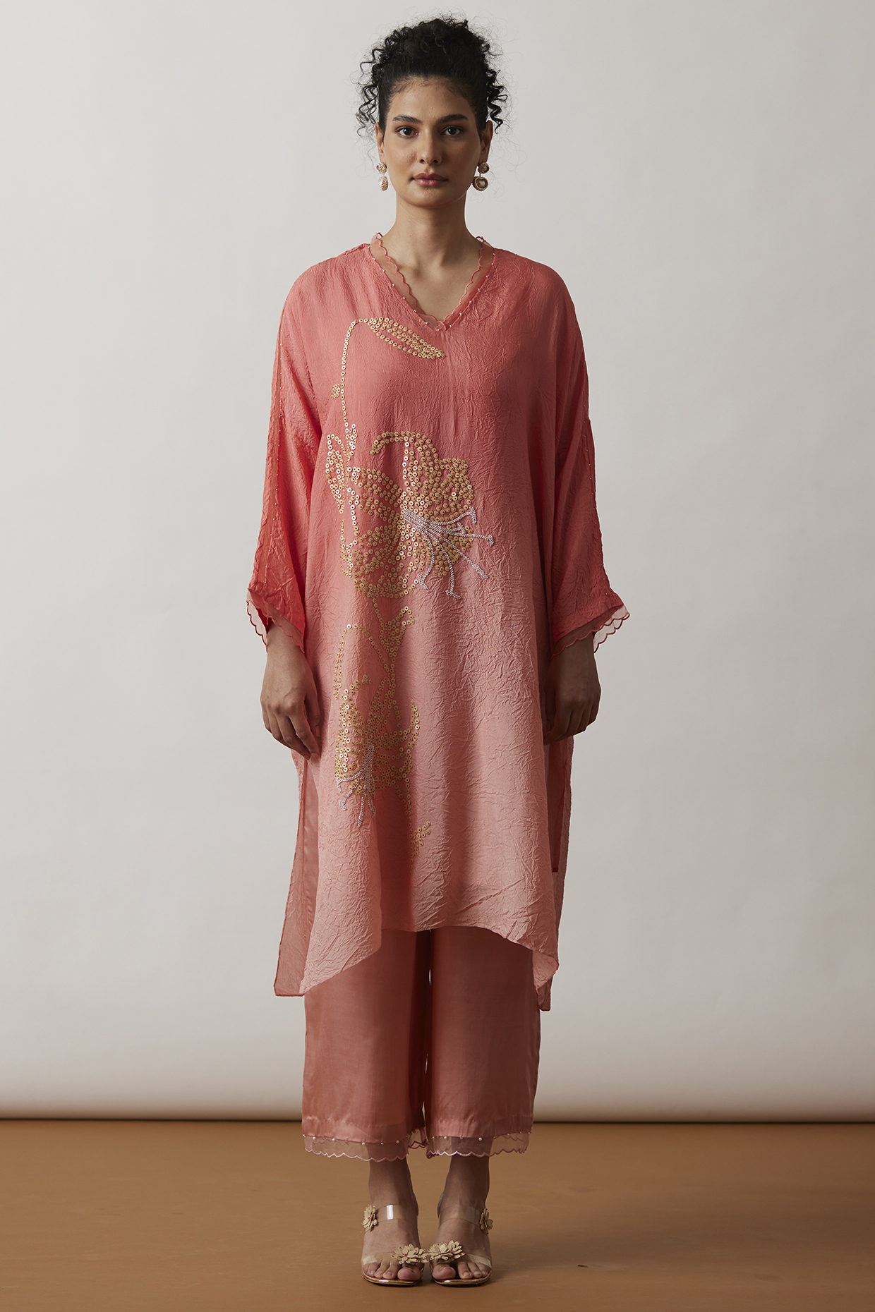 Coral Ombre Viscose Silk Embroidered Kaftan Set by One not two at Pernia's Pop Up Shop