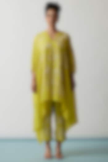 Citrus Yellow Viscose Silk Embroidered Kaftan Set by One not two