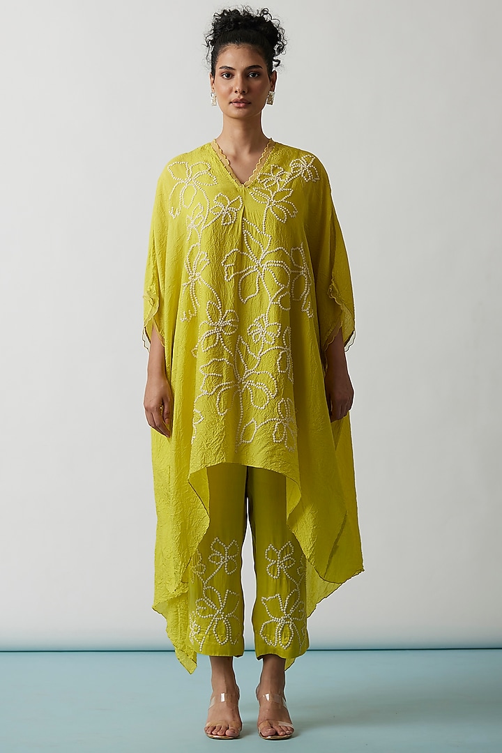 Citrus Yellow Viscose Silk Embroidered Kaftan Set by One not two