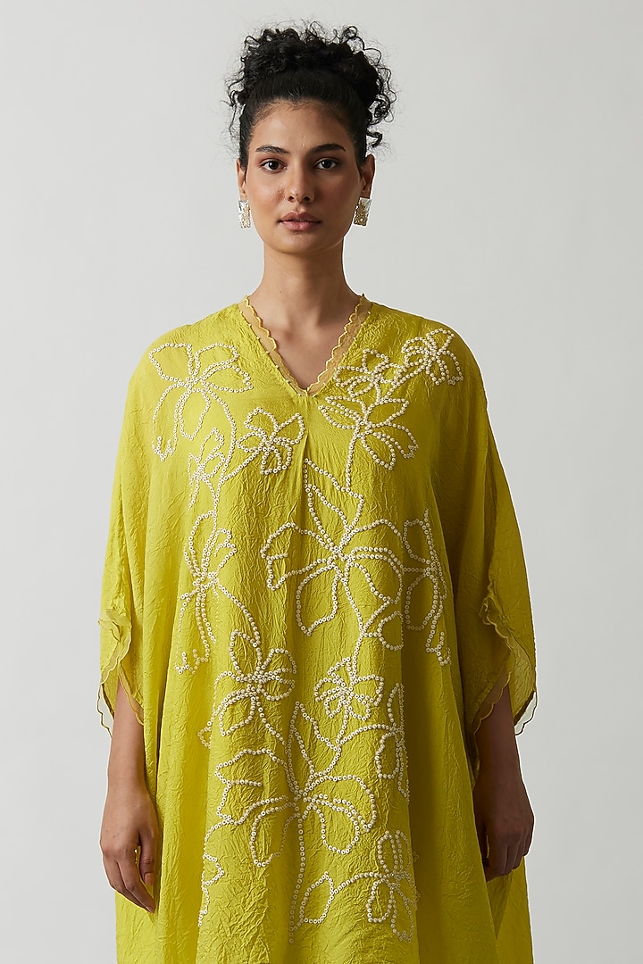 Citrus Yellow Viscose Silk Embroidered Kaftan Set by One not two at Pernia's Pop Up Shop
