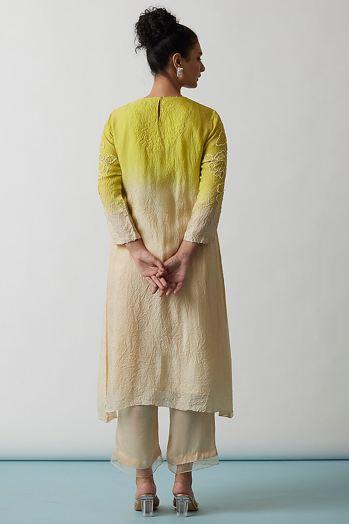 Citrus Yellow Ombre Viscose Silk Embroidered Kaftan Set by One not two at Pernia's Pop Up Shop