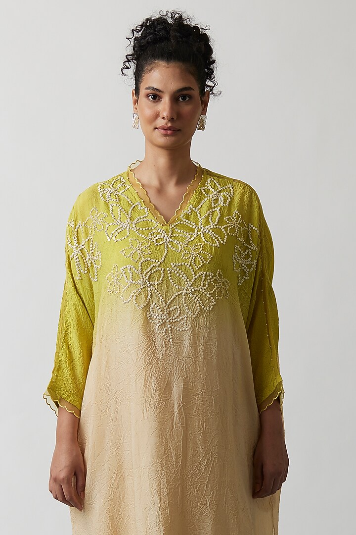 Citrus Yellow Ombre Viscose Silk Embroidered Kaftan Set by One not two at Pernia's Pop Up Shop