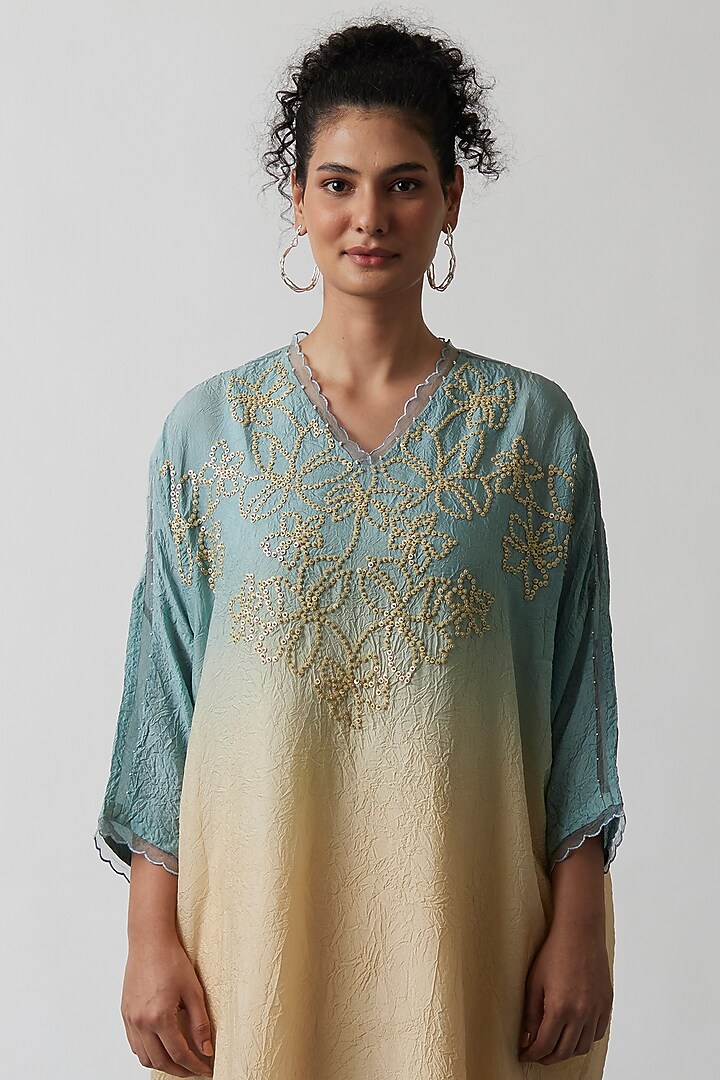 Cloud Blue Ombre Viscose Silk Embroidered Kaftan Set by One not two at Pernia's Pop Up Shop