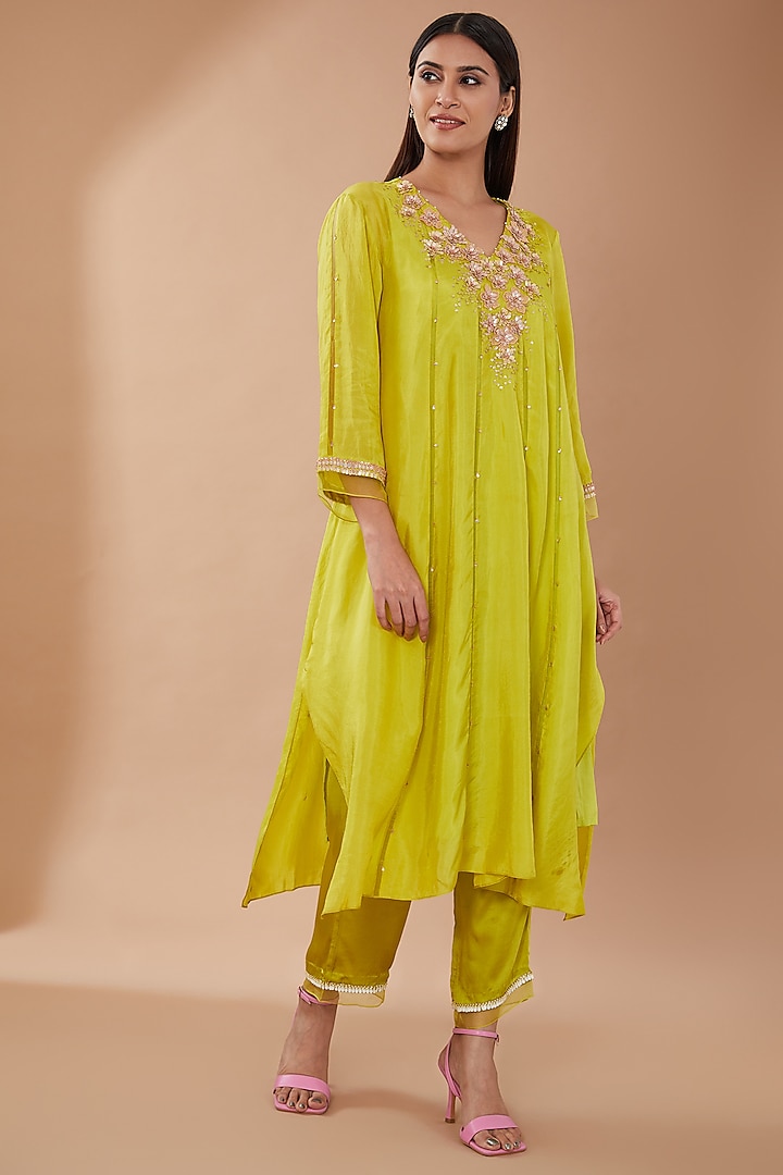 Citrine Green Viscose Silk Sequins Embroidered Kurta Set by One not two at Pernia's Pop Up Shop