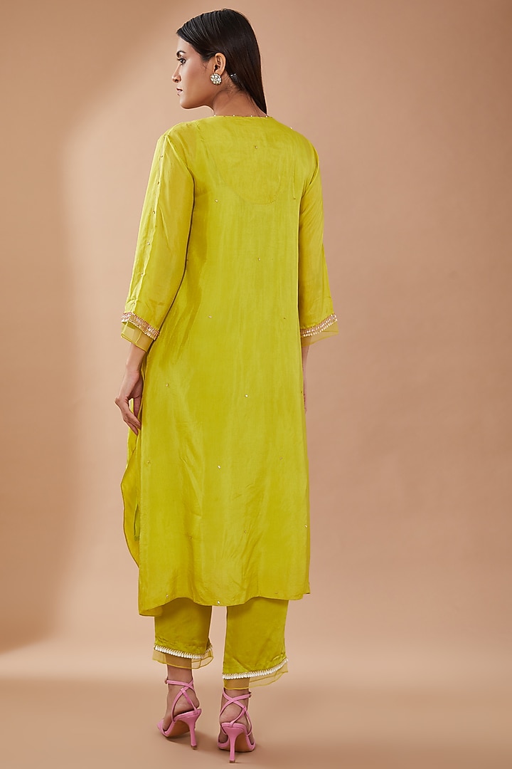Citrine Green Viscose Silk Sequins Embroidered Kurta Set by One not two at Pernia's Pop Up Shop