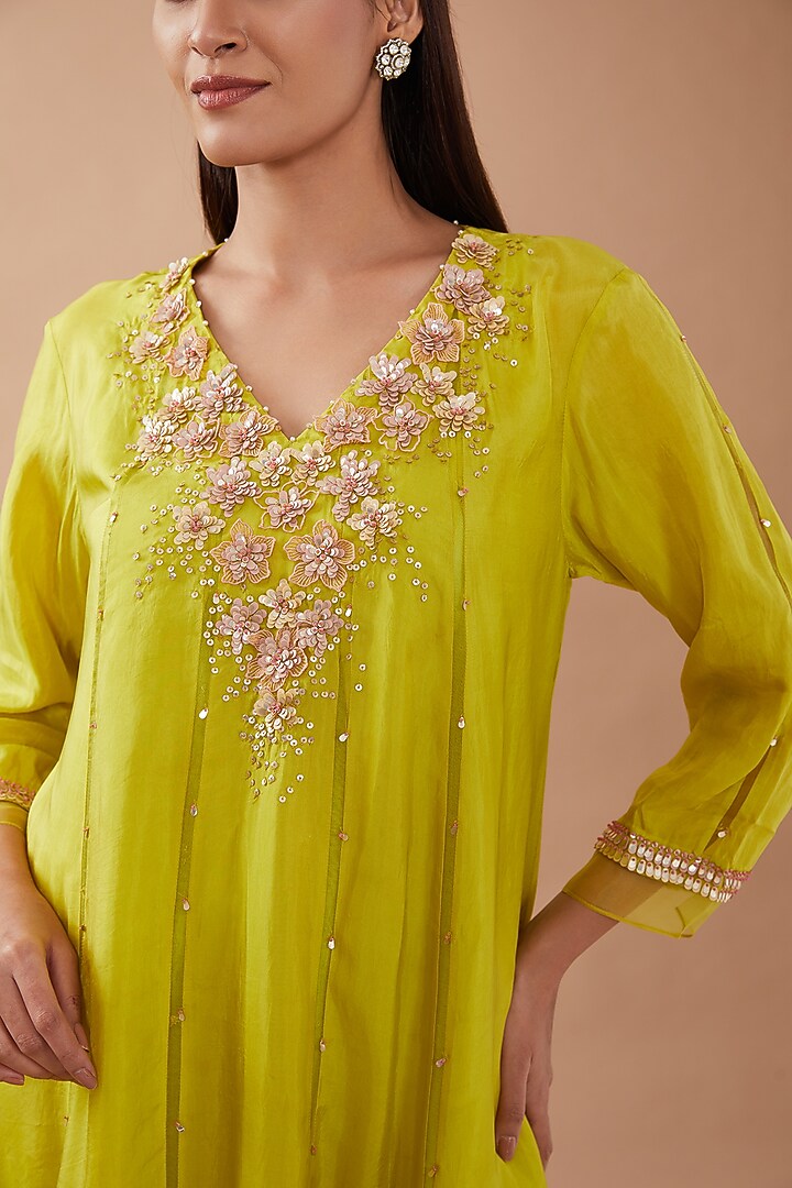 Citrine Green Viscose Silk Sequins Embroidered Kurta Set by One not two at Pernia's Pop Up Shop