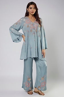 Women Blue Rayon Hand & Machine embroidered Kurta with pant & Embroidered Dupatta