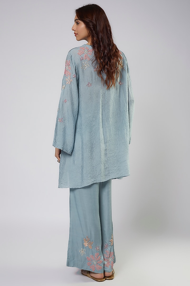 Blue Silk Hand & Machine Embroidered Kurta Set by One not two at Pernia's Pop Up Shop