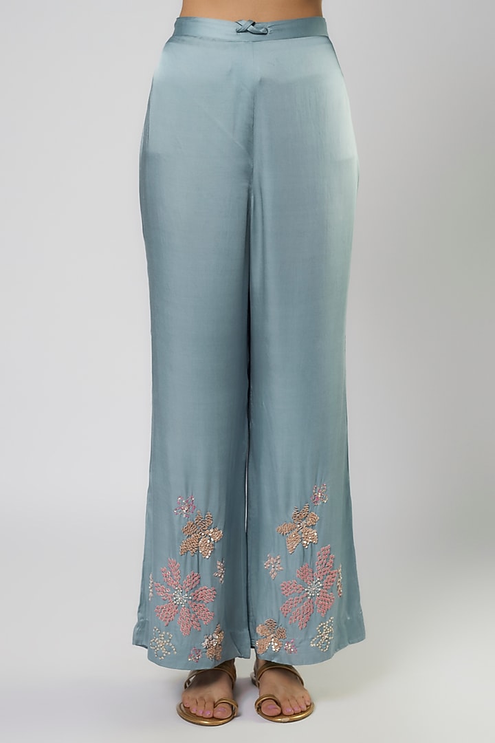Blue Silk Hand & Machine Embroidered Kurta Set by One not two at Pernia's Pop Up Shop