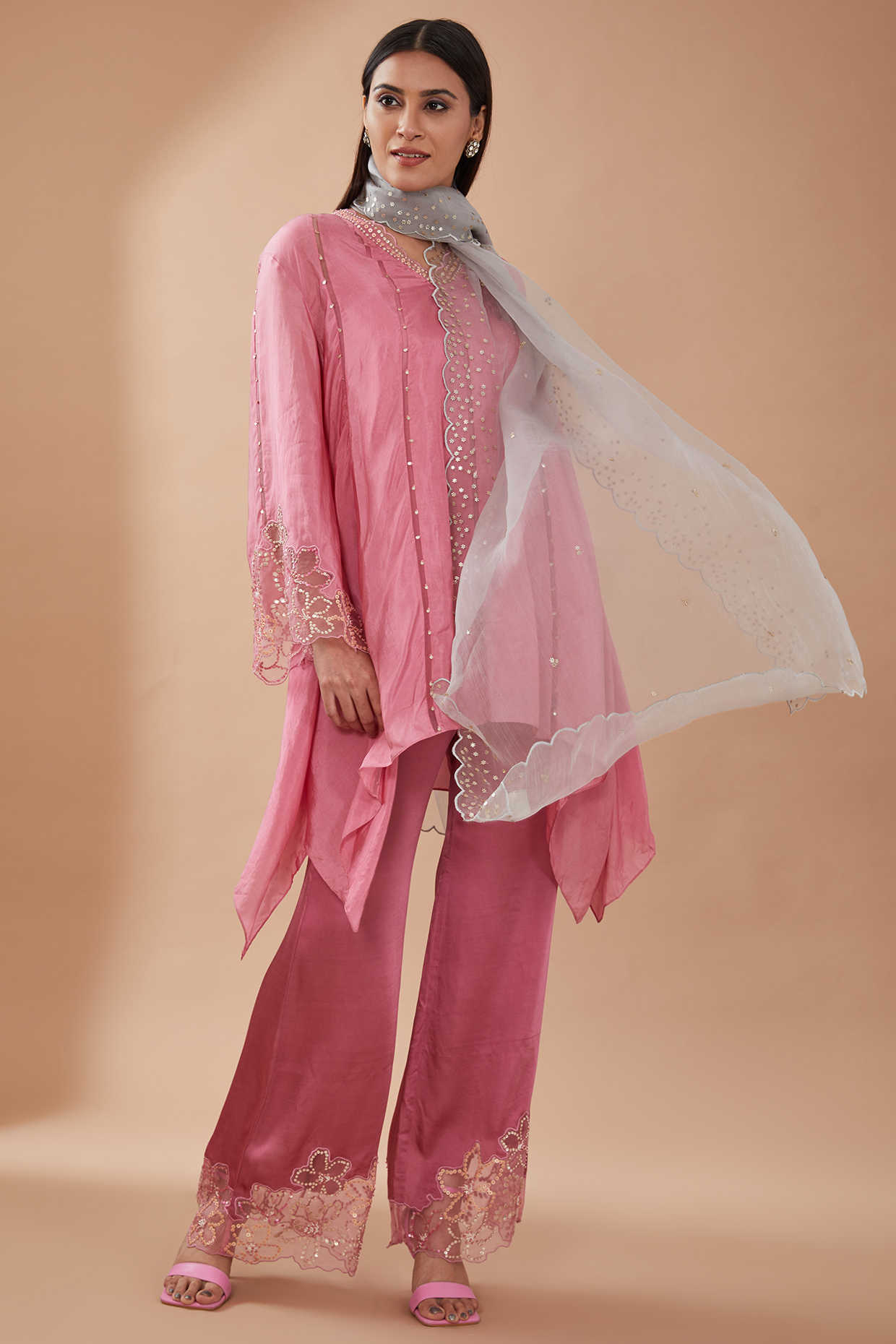 Grey Organza Sequins Embroidered Dupatta by One not two at Pernia's Pop Up Shop