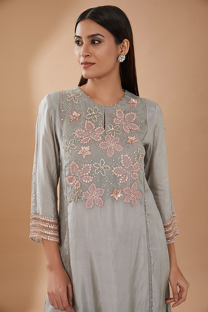 Grey Viscose Silk Sequins Embroidered Kurta Set by One not two at Pernia's Pop Up Shop