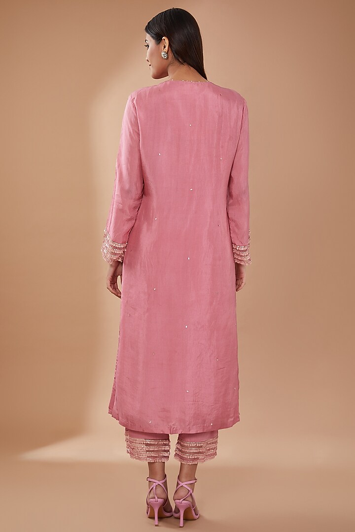 Rose Pink Viscose Silk Sequins Embroidered Kurta Set by One not two at Pernia's Pop Up Shop