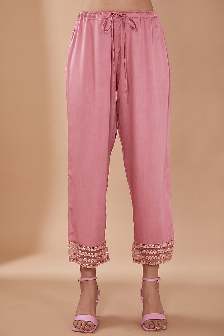 Rose Pink Viscose Silk Sequins Embroidered Kurta Set by One not two at Pernia's Pop Up Shop