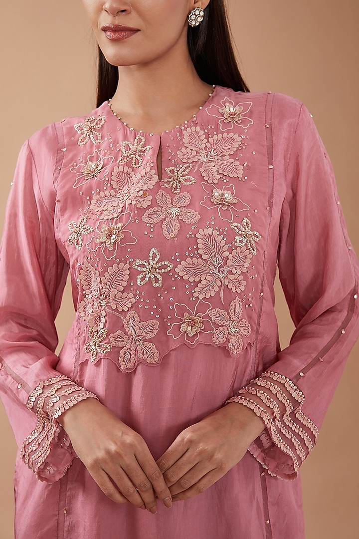 Rose Pink Viscose Silk Sequins Embroidered Kurta Set by One not two at Pernia's Pop Up Shop
