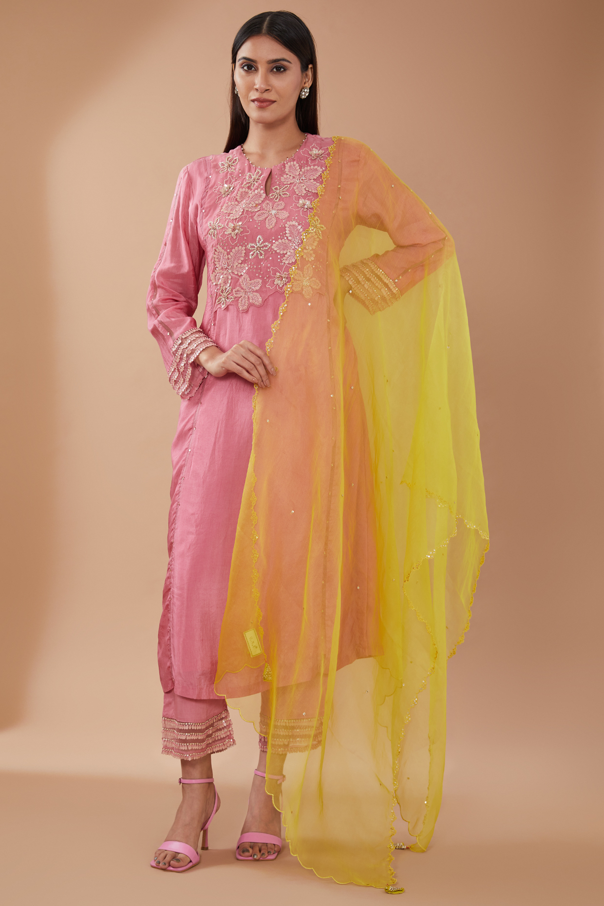 Citrine Green Organza Sequins Embroidered Dupatta by One not two at Pernia's Pop Up Shop